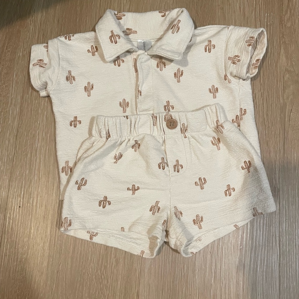Kids Cactus Print Matching Set - Cream and Brown